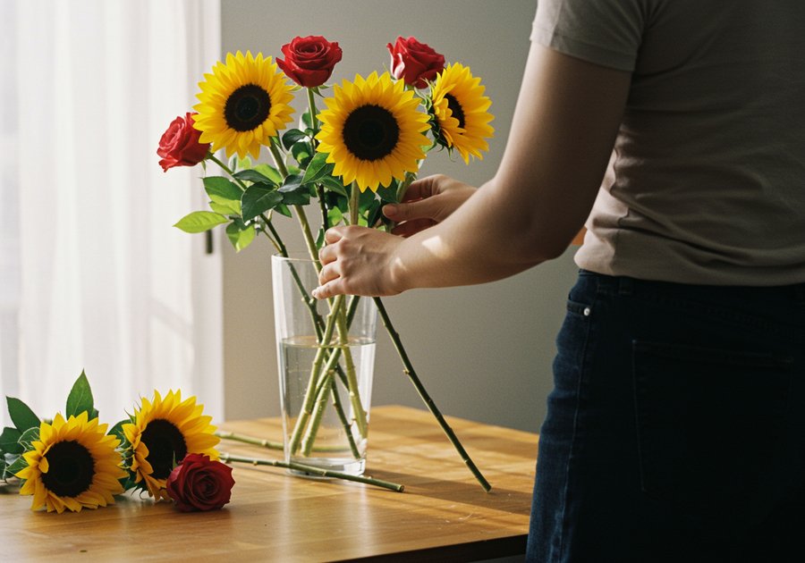 Cách cố định dáng khi cắm hoa hồng và hướng dương bằng bình thủy tinh