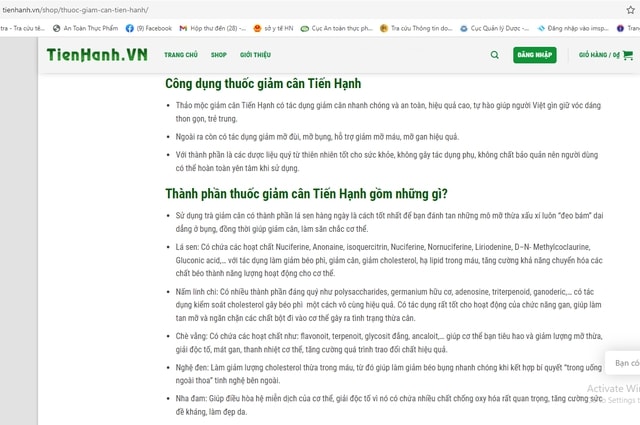 Sản phẩm giảm cân Tiến Hạnh quảng cáo sai phép trên website tienhanh.vn