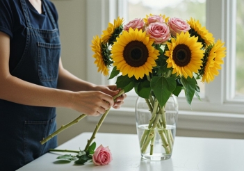 Cách cố định dáng khi cắm hoa hồng và hướng dương bằng bình thủy tinh - Báo Thương Gia